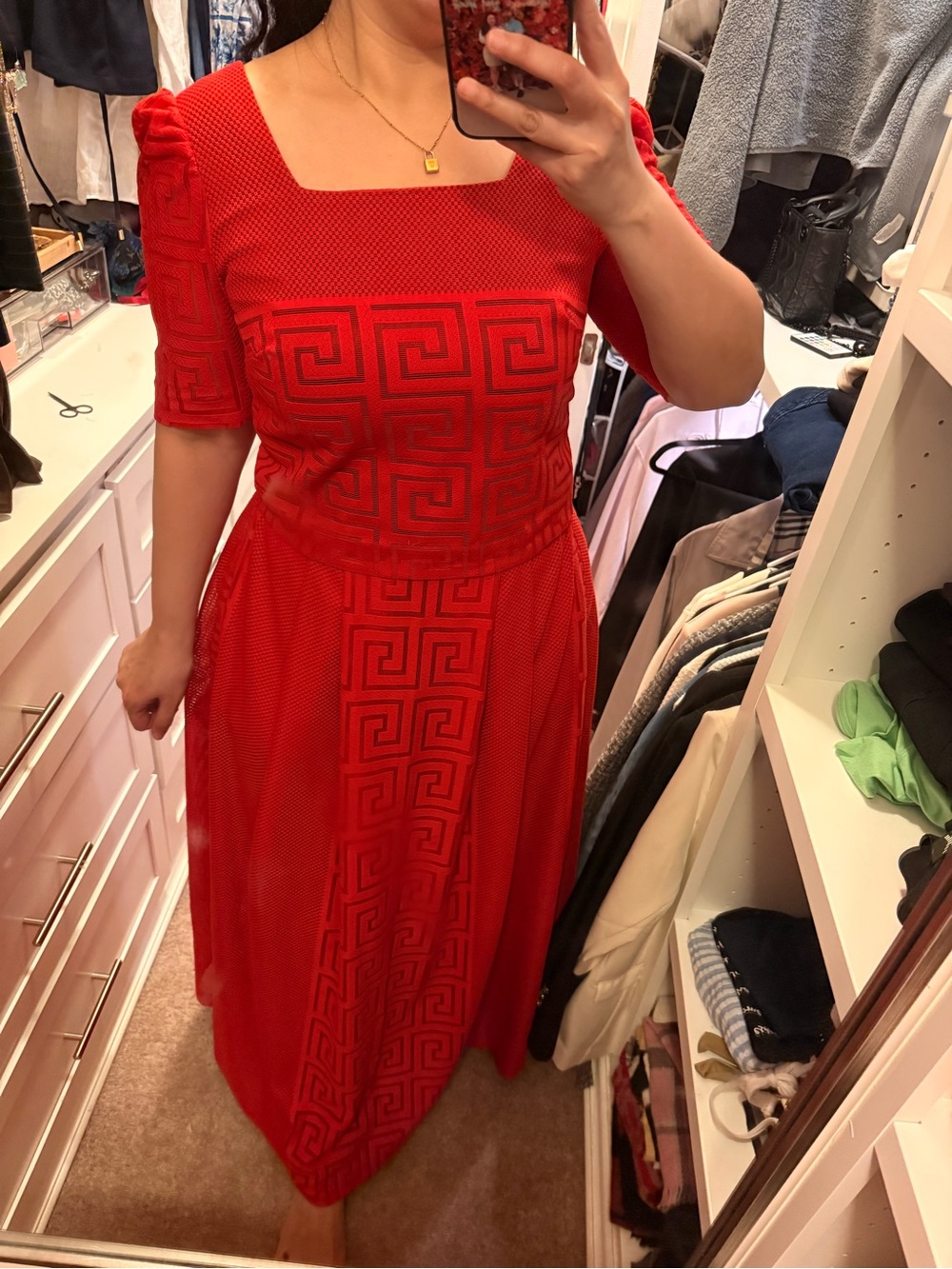Red Square-Neck Midi Dress with Geometric Paneling ; top and dress set.